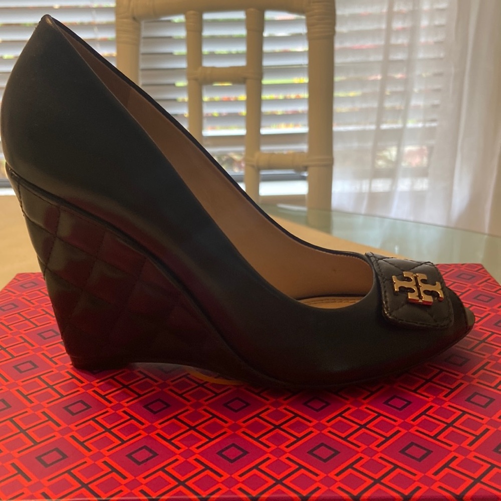Tory Burch Black Quilted Wedge Pumps with Gold Logo Accent